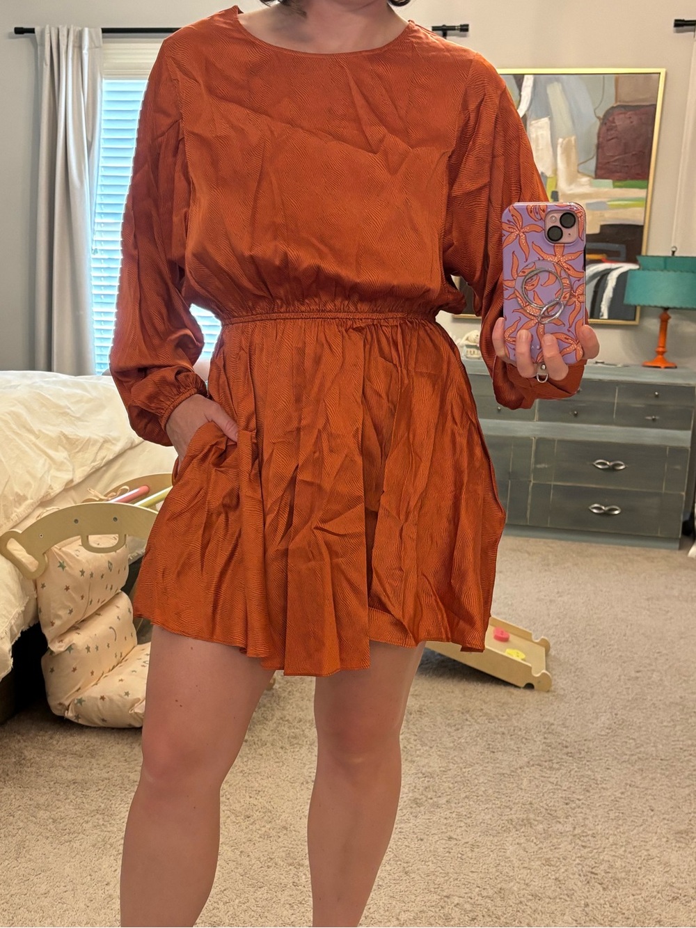 Anthropologie Long-Sleeve Satin Dress in Rust Orange
